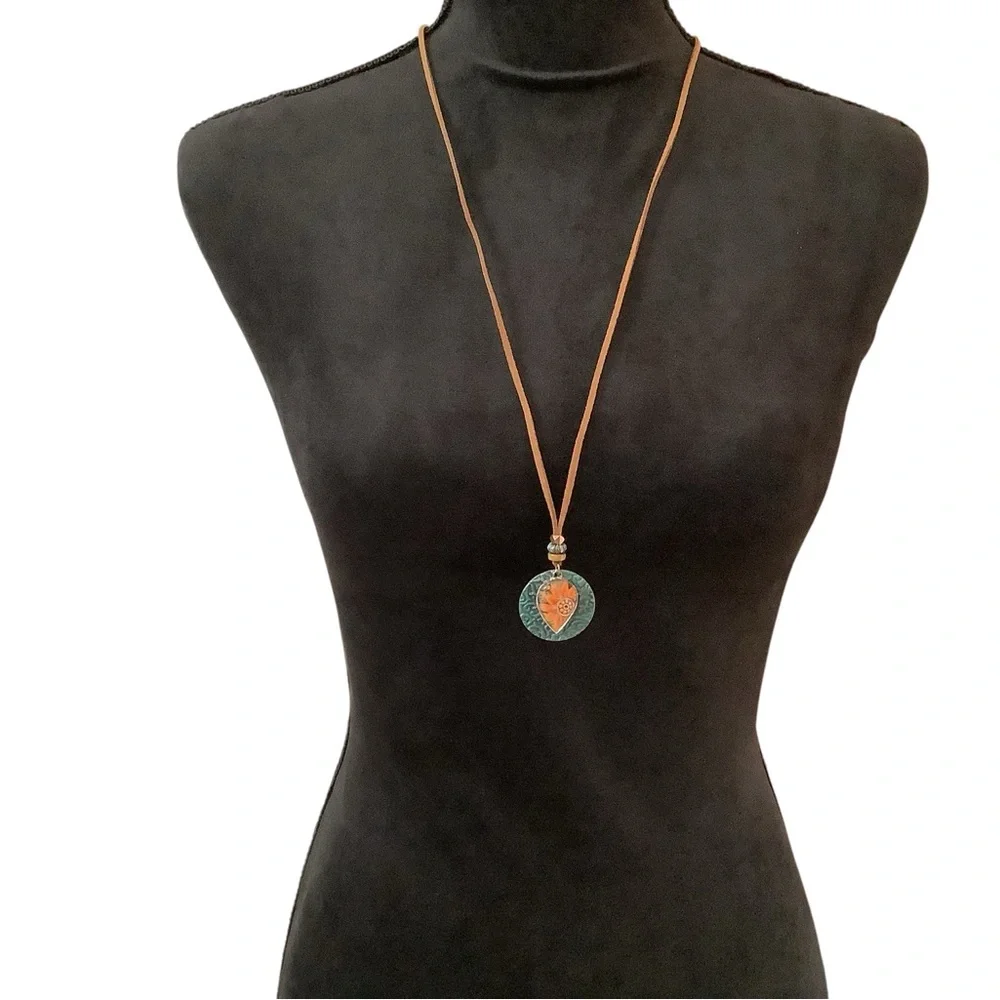 Boho Sunflower Pendant Necklace - Tan Cord, Turquoise & Orange Medallion. NWT - Picture 4 of 8